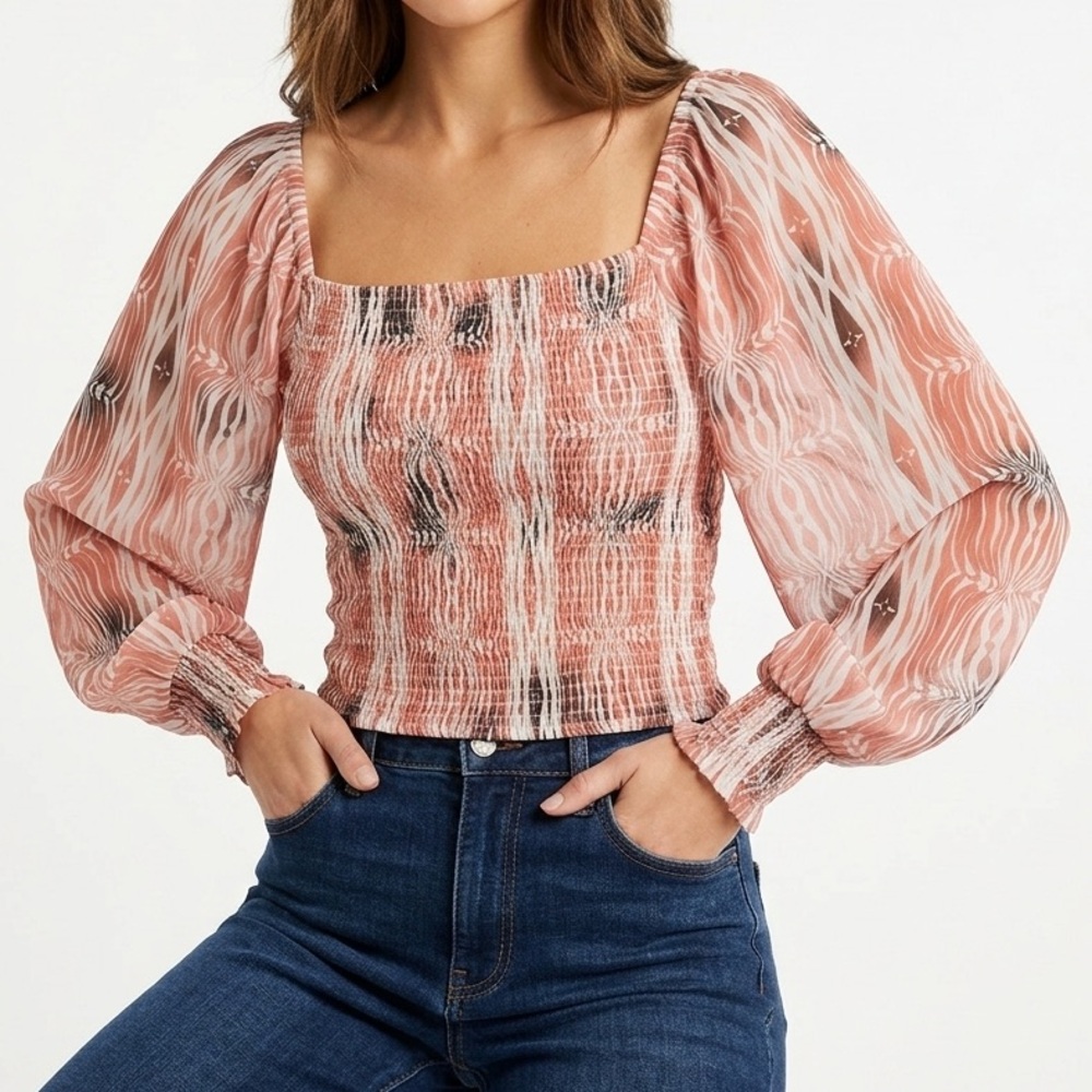 Anthropologie Smocked Crop Top Long Sleeve Sheer Sleeve Blouse Pink Print Size S